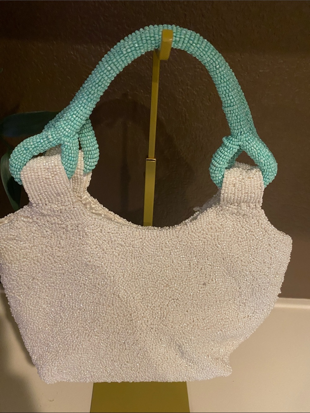 Beaded Turtle Shoulder Bag in White and Aqua - Picture 2 of 5